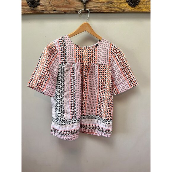J. Crew Womens Multicolor Geometric Print Short Sleeve Cotton Blouse Size‎ 0 - Picture 1 of 7